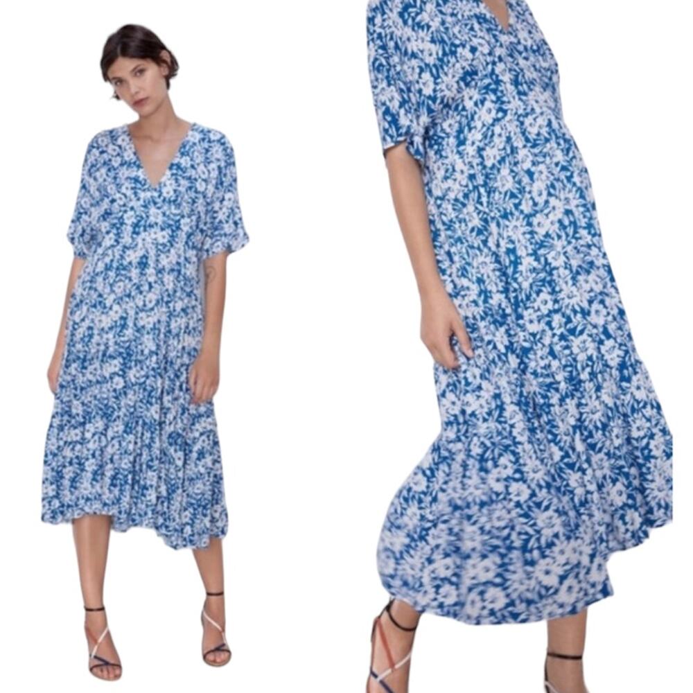 Zara Floral Print Midi Dress V Neck Short Sleeve Tiered Lightweight Womens XS